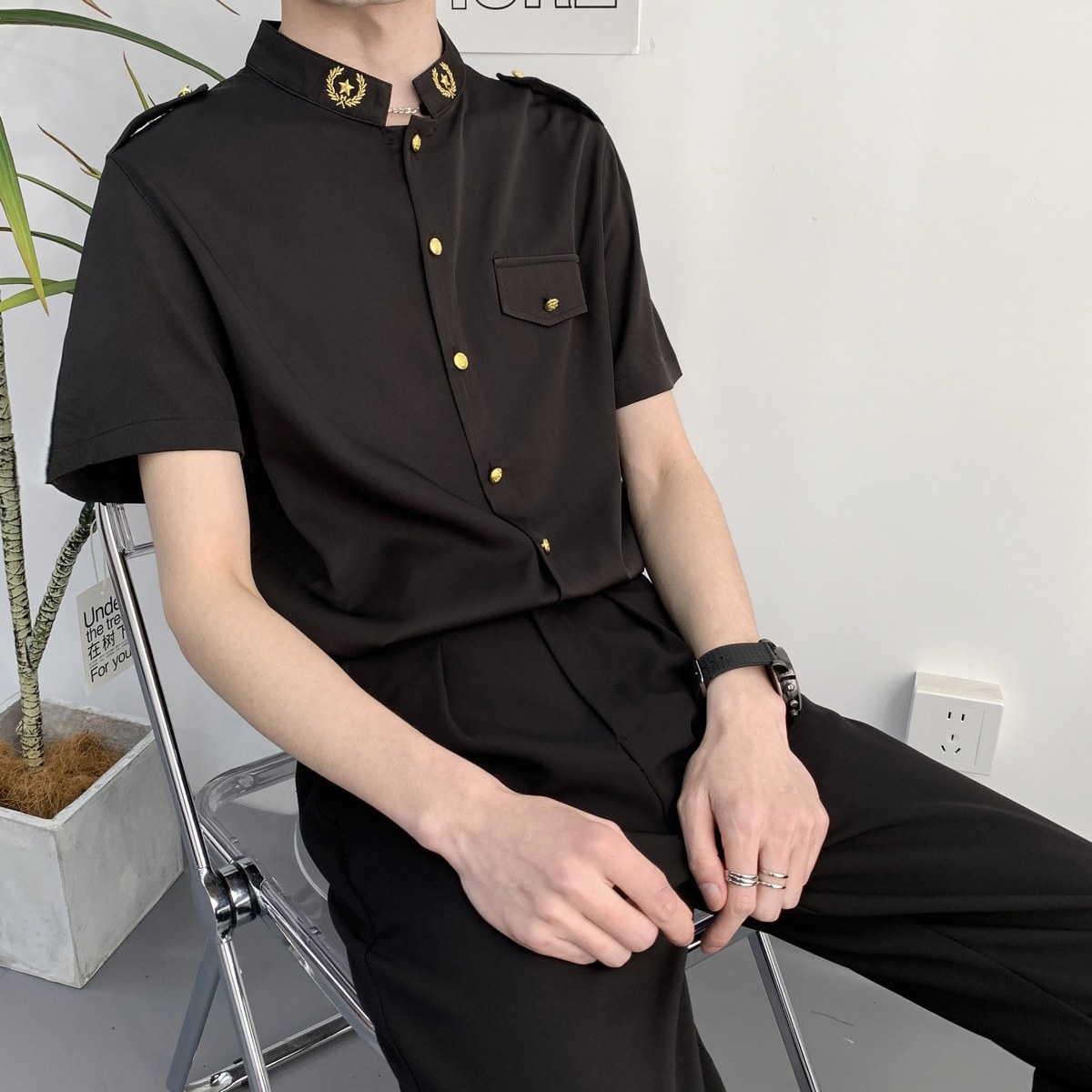 714A-D607P45控69/2025夏季短袖衬衫立领空少制服衬衣ktv酒吧制服,男装T恤,星座714A（原电商C314）