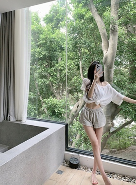 Yumeo钰 氧气套装 棉麻t 灰色短裤~慵懒显瘦宽松上衣短裤