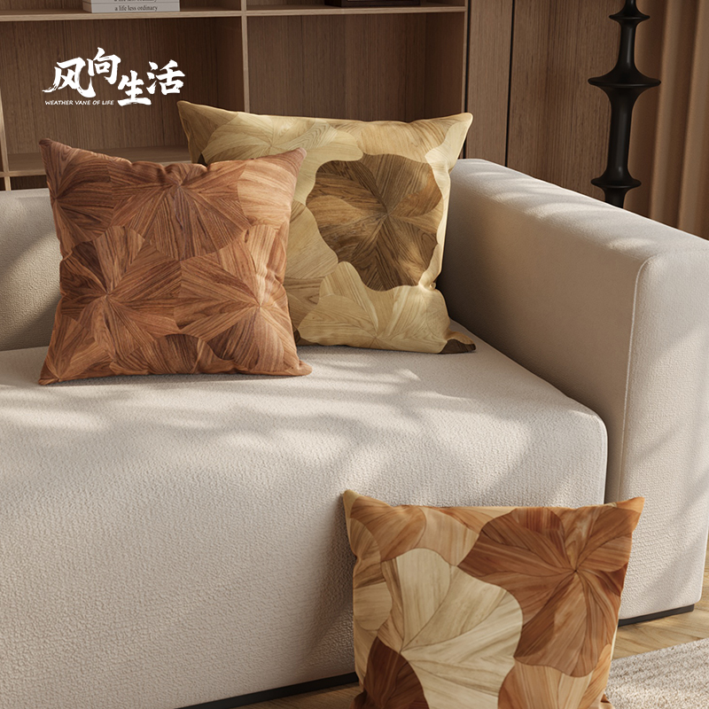 复古客厅沙发抱枕套腰枕含芯木纹卧室床头靠枕靠背靠垫腰靠可拆洗