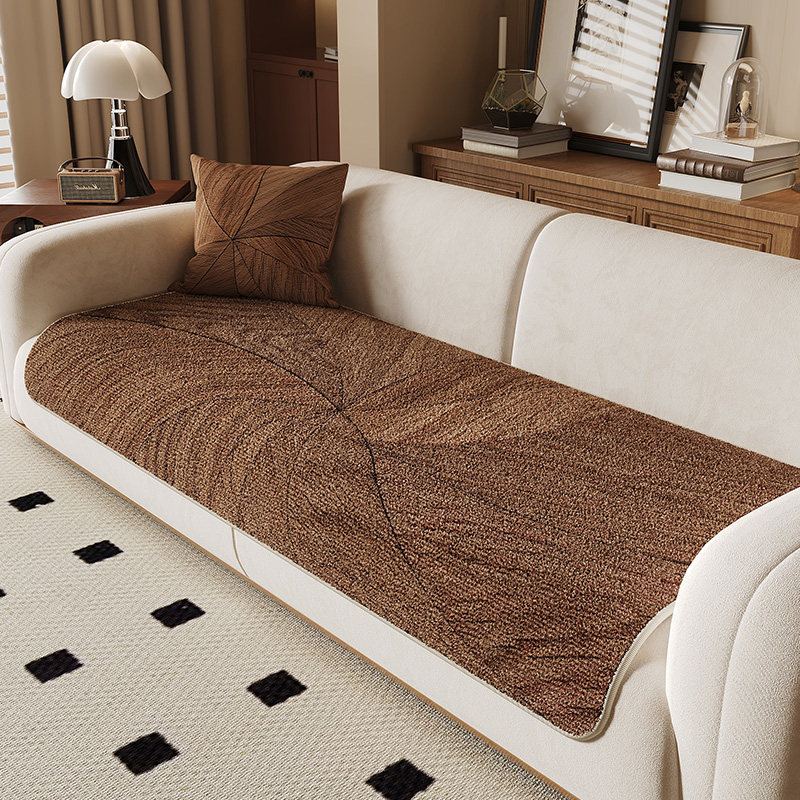 复古木纹沙发垫四季通用防滑毛绒加厚沙发盖布一片式高级直排坐垫