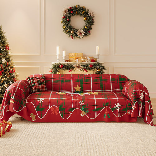 圣诞装饰沙发盖布节日布置秋冬季氛围感红色格子盖巾毯子沙发套罩