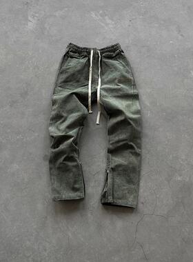 Askyurself 军布金线刺绣Logo裤脚拉链休闲裤军绿色