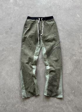 Askyurself 军布拼接侧拉链微喇叭休闲裤军绿色