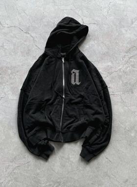 ARNODEFRANCE 钢珠铆钉朋克做旧拉链长袖卫衣宽松版型水洗黑