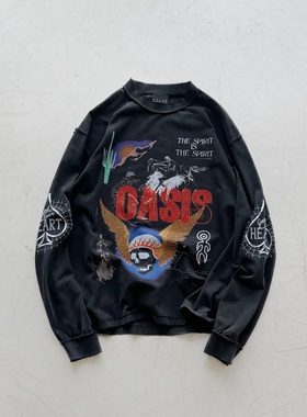 False Perception 满印绿洲涂鸦水洗破坏水钻长袖T恤