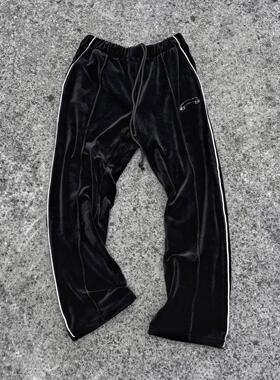 Askyurself 条纹卷轴刺绣Logo丝绒长裤黑色