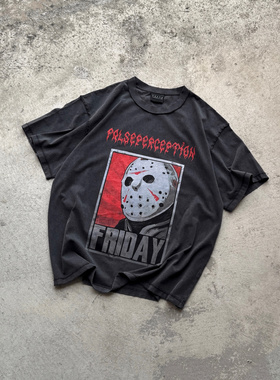 False Perception面具杰森印花 水洗做旧磨损破坏T恤水洗黑