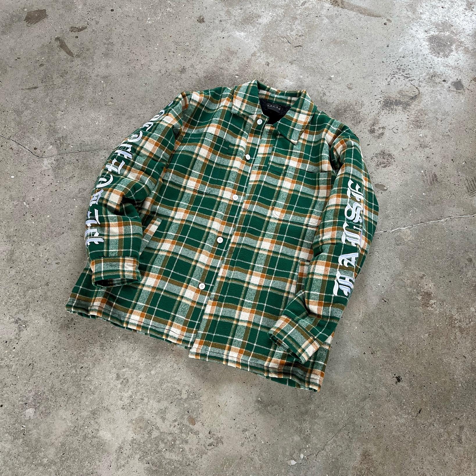 False Perception 血牙刺绣格子夹棉夹克外套绿色