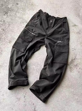 False Perception 25FW水洗黑大拉链炮弹工装布裤