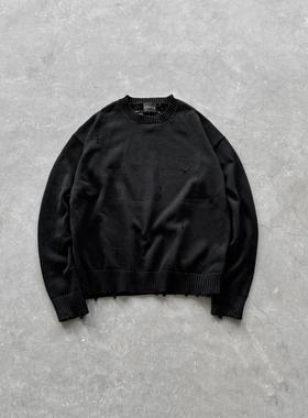 False Perception 骨骼针织水洗下摆破坏圆领毛衣黑色