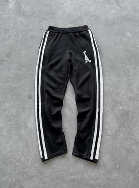 Askyurself 针织刺绣a条纹侧拉链休闲裤 黑色