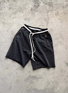 Askyurself 刀割破坏下摆条纹休闲短裤 水洗黑