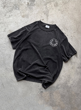 Askyurself 梵文LOGO字母印花圆领短袖T恤水洗黑