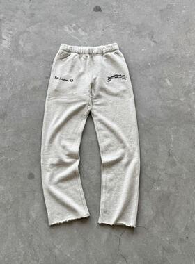 Askyurself 纯色棋盘格刺绣Logo毛边直筒休闲裤灰色