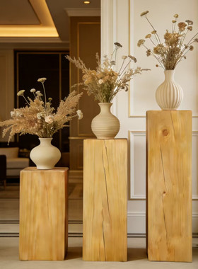 原木色实木墩侘寂风长方形底座花架摆件定制胡桃木复古玄关木墩凳