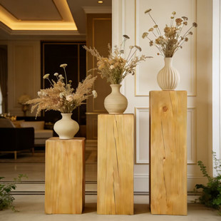 原木色实木墩侘寂风长方形底座花架摆件定制胡桃木复古玄关木墩凳