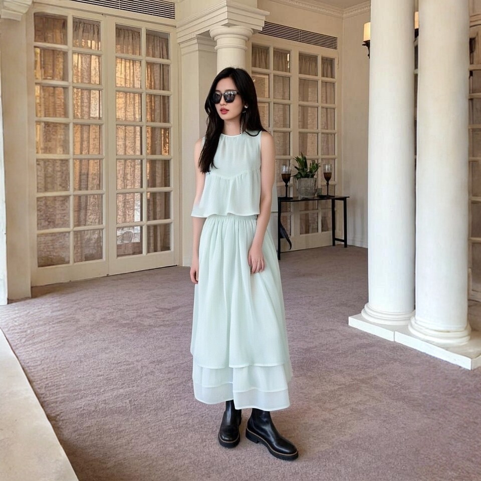 清新薄荷绿无袖上衣裙子两件套女夏新款松弛感分层设计气质套装裙