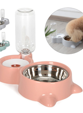 可爱不锈钢宠物双碗自动蓄水带隔板不湿嘴喂食一体猫碗狗碗饮水