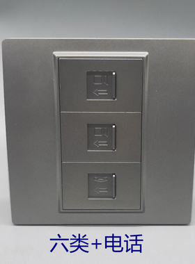 深灰色语音RJ11电话CAT3双六类电脑宽带网络网线CAT6带门插座面板