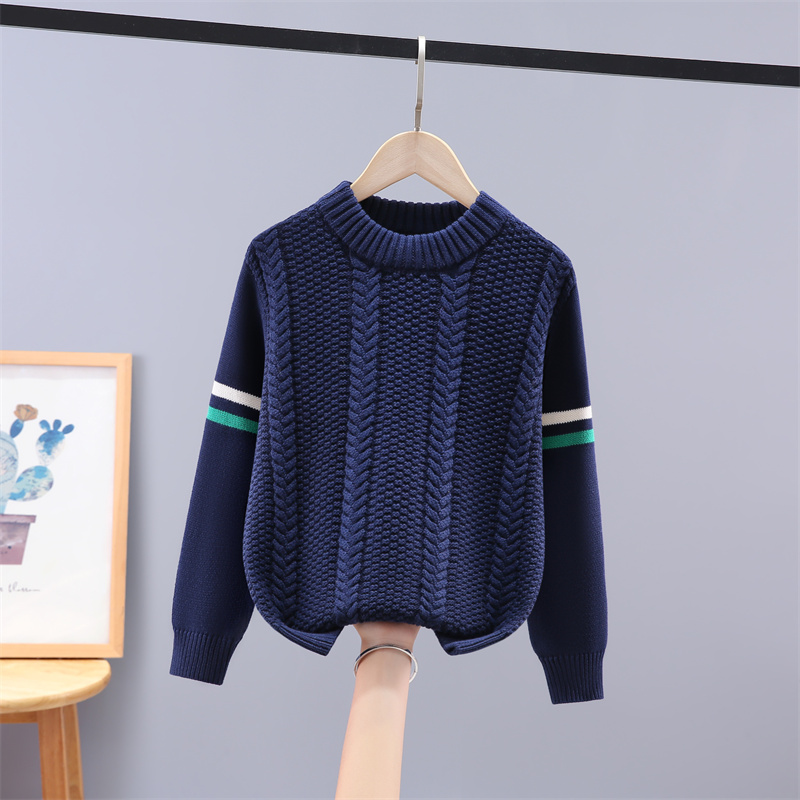 男童毛衣2025秋冬款加绒加厚纯棉针织衫中大童洋气男孩圆领打底衫
