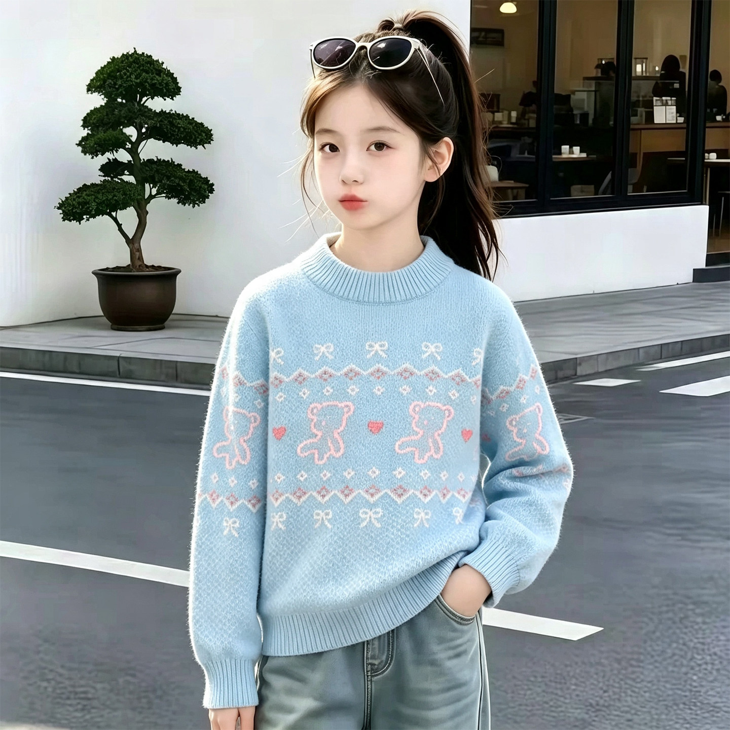 女童毛衣2026秋冬款加绒加厚针织衫中大童洋气女孩圆领纯棉打底衫