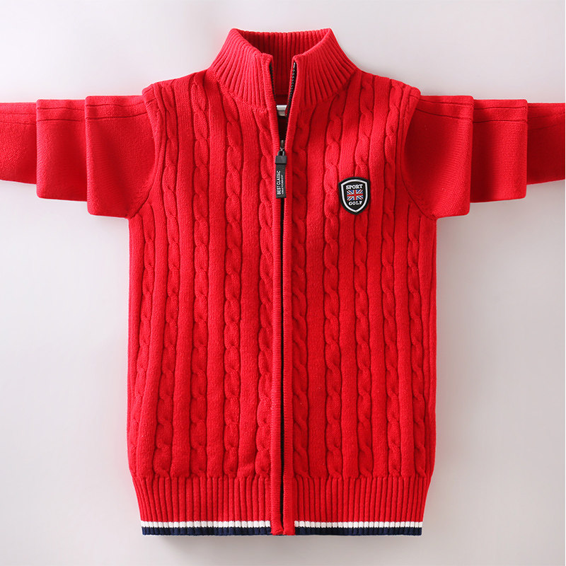 男童毛衣儿童红色秋冬款加绒加厚纯棉针织衫男孩立领拉链开衫外套