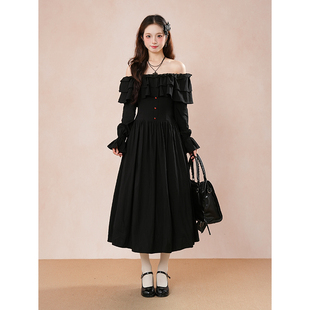 【优雅舞步】日系哥特风一字肩连衣裙暗荷叶边收腰长裙