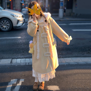 甜美可爱牛角扣拼接连帽毛呢外套女冬季新款高级感小个子呢子大衣