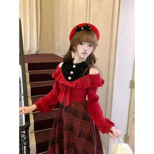 圣诞小薰 圣诞风黑红配色清楚系薰子连衣裙日系温柔收腰显瘦长裙