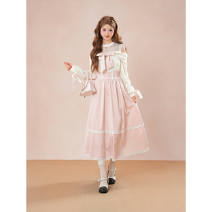 秋日絮语 清楚系优雅温柔浅粉露肩连衣裙女气质修身蕾丝长袖长裙