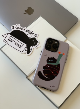 原创新品黑色猫咪韩国进口圆边二合一菲林壳苹果 15oromax 手机壳苹果16pro手机壳保护壳