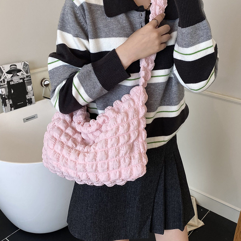 韩国ins少女心褶皱泡泡单肩托特包手提小清新女包购物袋腋下包潮