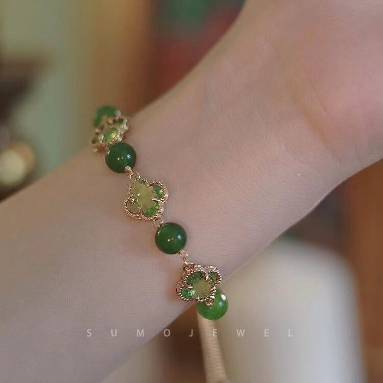 天然水晶碧玉四叶草手链女新款幸运小众设计感绿玛瑙网红简约显白