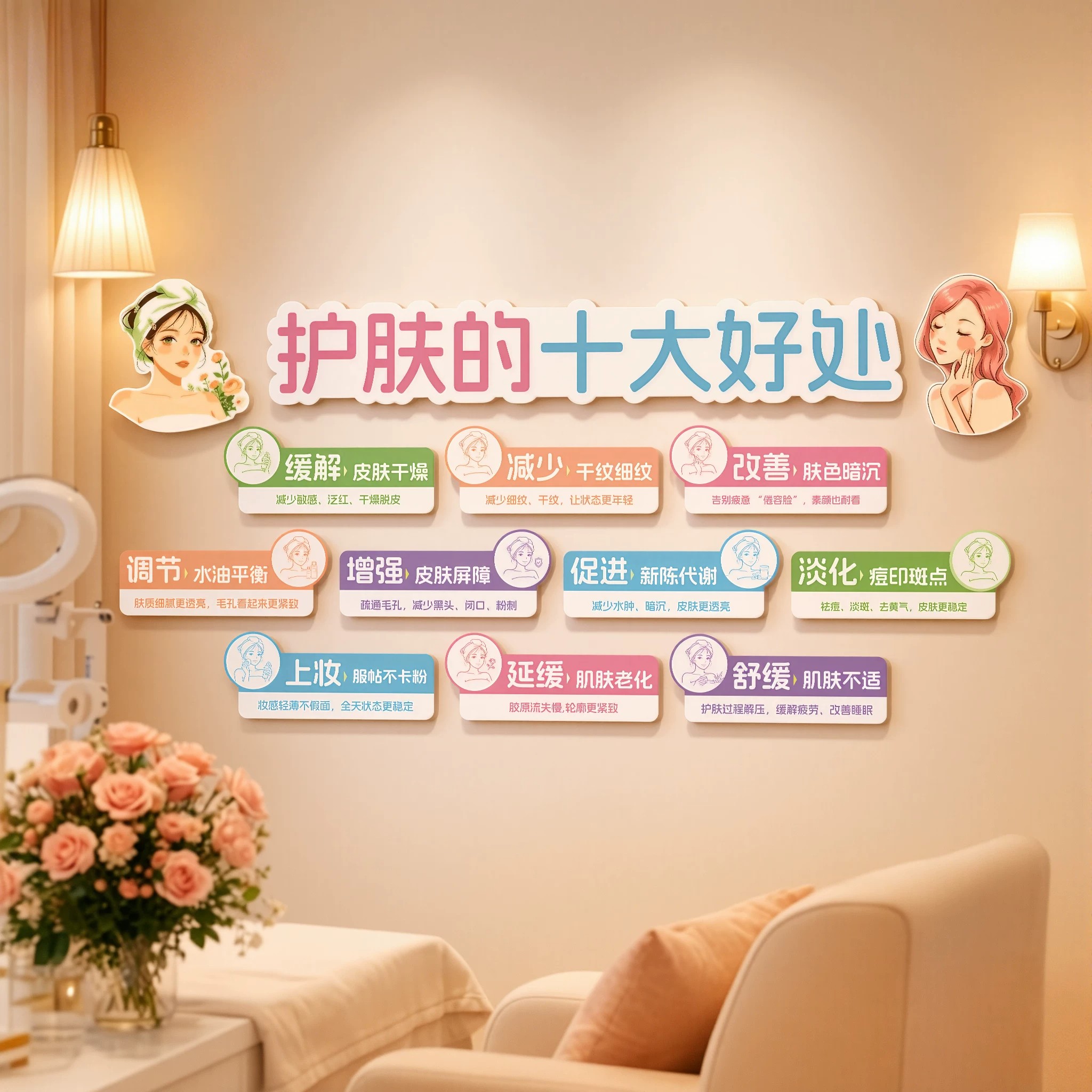 美容院房间氛围布置装饰高级感墙面美容店网红广告牌店里场景打卡图片