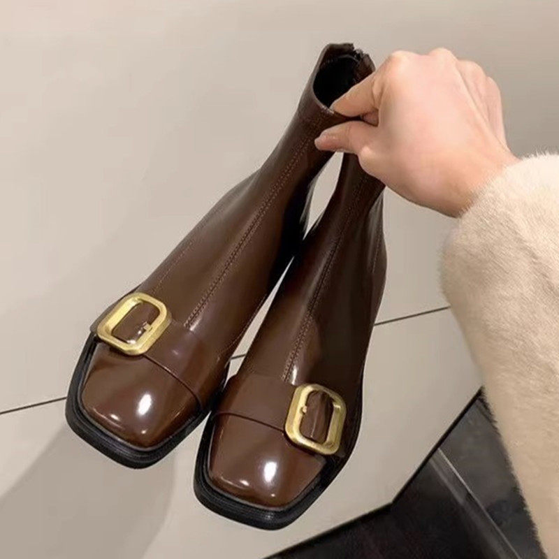 2025新款方头粗跟弹力靴女短靴经典小金扣瘦瘦马丁靴女短筒后拉链,女鞋,马丁靴,淘宝优惠券,粉丝福利购,淘宝优惠卷