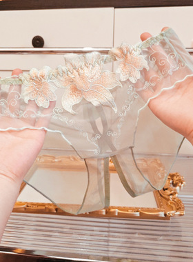 夏季薄款刺绣镂空开档网纱透明性感内裤女无痕低腰新品