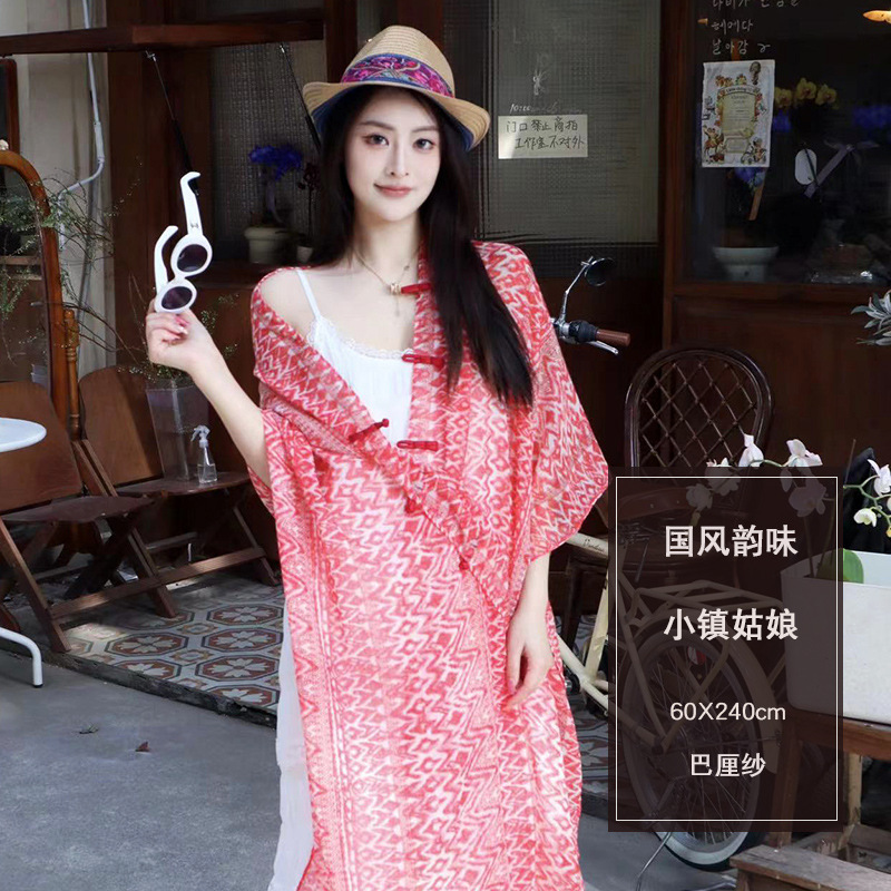 春夏新款民族风古装盘扣宽松复古小碎花红色丝巾女围巾披肩