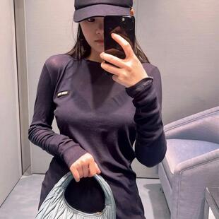 欧洲站2025春装新款长袖T恤女弹力微透修身显瘦圆领打底衫防晒衫T