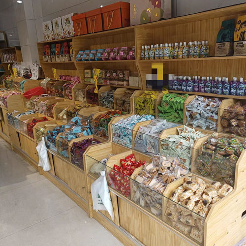 靠墙超市钢木小食品展示架