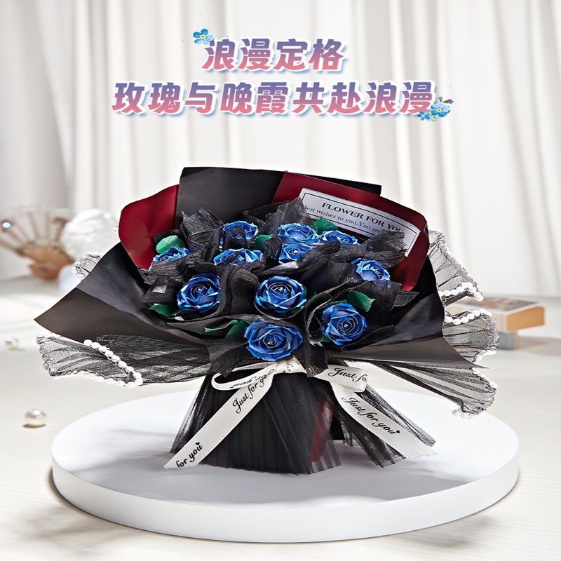金属玫瑰花束3D立体拼图蓝色妖姬拼装模型DIY手工永生花节日礼物