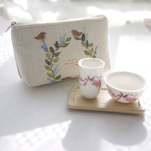 原创手工茶具三件套收纳包旅行套装闻香杯品茗杯功夫茶具白瓷帆布