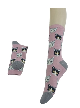 日单 春秋款皮粉色个性潮袜猫头图案灰色脚尖女士中筒袜