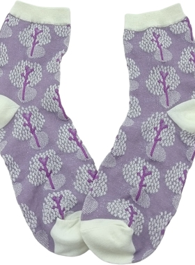 日单   纯棉紫色系高贵典雅树木造型白色袜口中筒袜女士