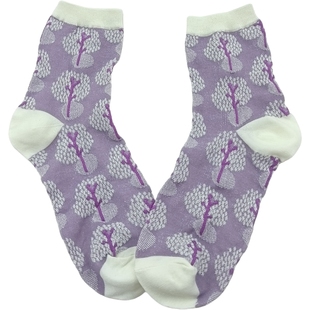 日单 纯棉紫色系高贵典雅树木造型白色袜口中筒袜女士