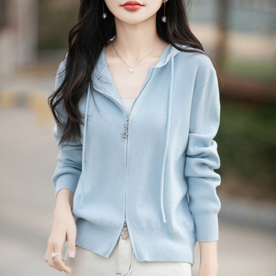 腈纶绒拉链帽针织衫纯色短款