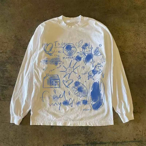 海外订单尾货~撤回外贸港风纯棉圆领hiphop印花长袖T恤男女百搭潮