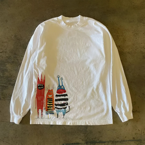 海外订单尾货~撤回外贸美式高街重磅纯棉长袖T恤男女同款宽松上衣