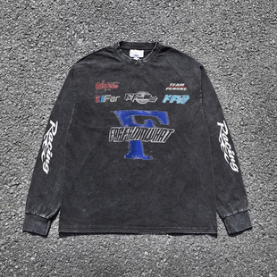 海外订单尾货~撤回外贸潮牌复古做旧纯棉长袖T恤男女同款休闲上衣