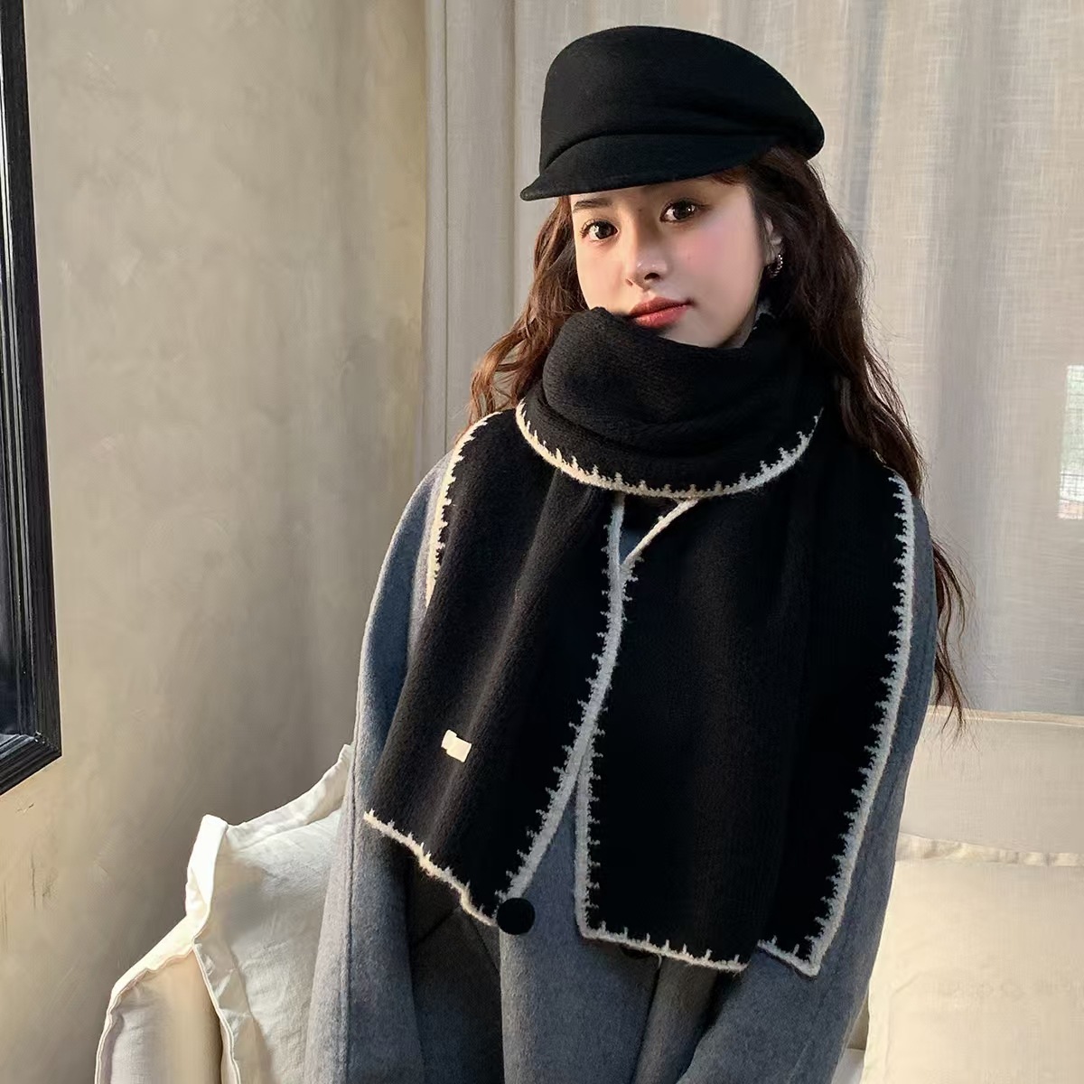 日系氛围感简约纯色锁边针织围巾女2025新款冬季保暖防风百搭围脖