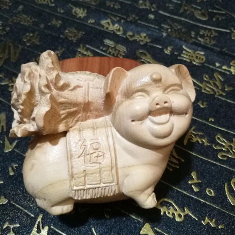 包邮正宗桃木雕福猪白菜摆件工艺品家居创意饰品手把件